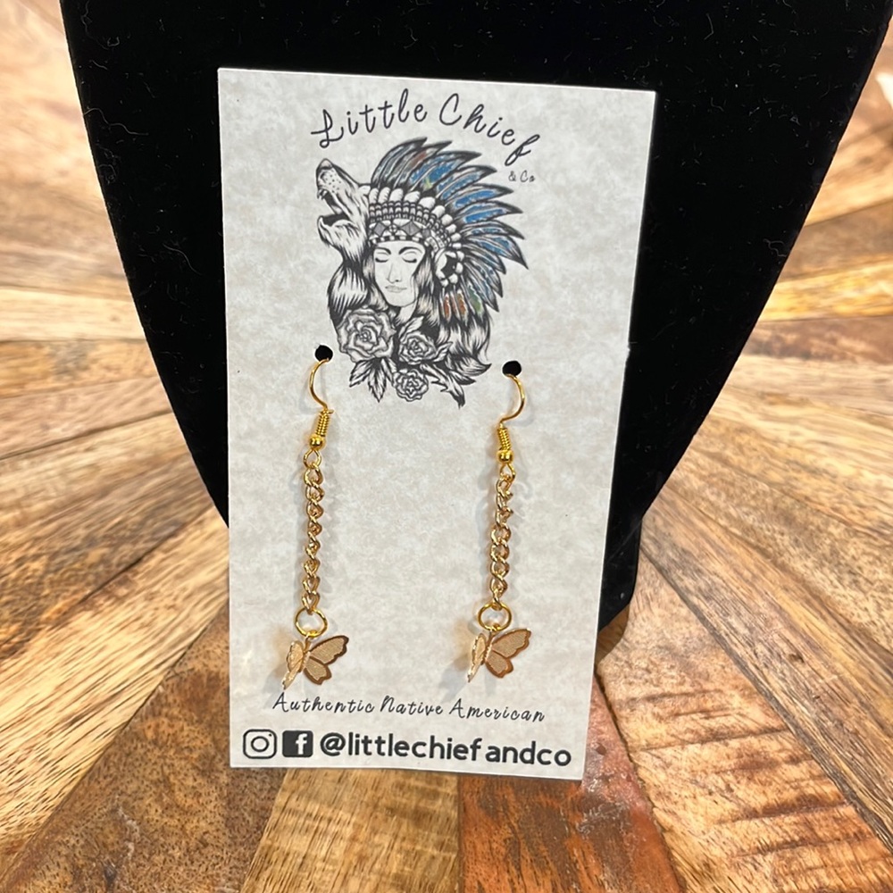 Handmade elongated gold tone butterfly earrings